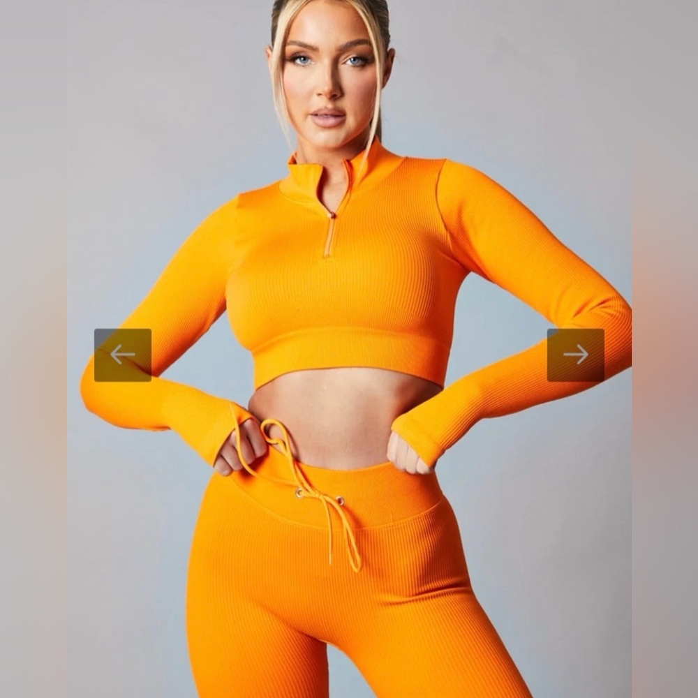 Orange Rib Knit Zip Front Crop Top + Leggings